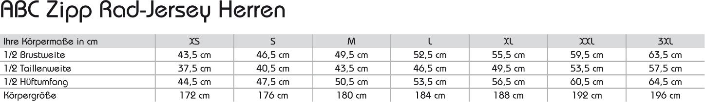 ABC Zipp Rad-Jersey Herren Gr&ouml;&szlig;entabelle
