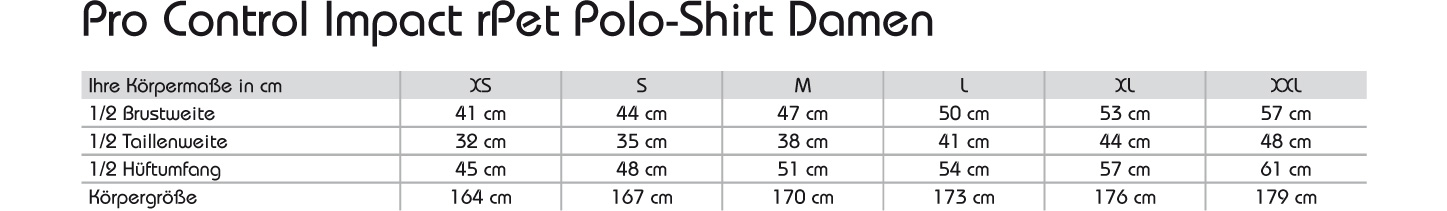 Pro Control Impact rPet Polo-Shirt Damen Größentabelle