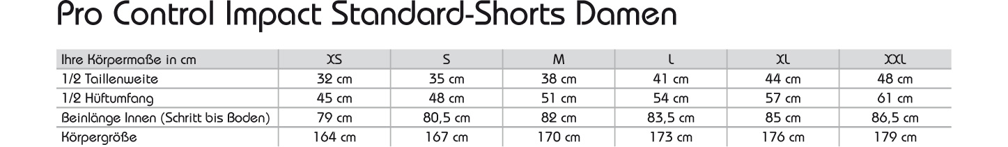 Pro Control Impact Standard-Shorts Damen Größentabelle